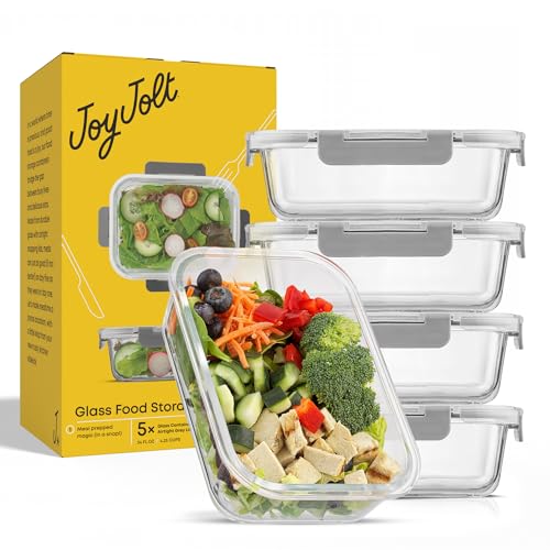 JoyJolt Glass Food Storage Containers with Lids. 5 Pack Glass Meal Prep Containers Reusable 35oz Single Compartment Airtight Container Set. Lunch Containers for Adults and Kitchen Storage Containers - color: Gray