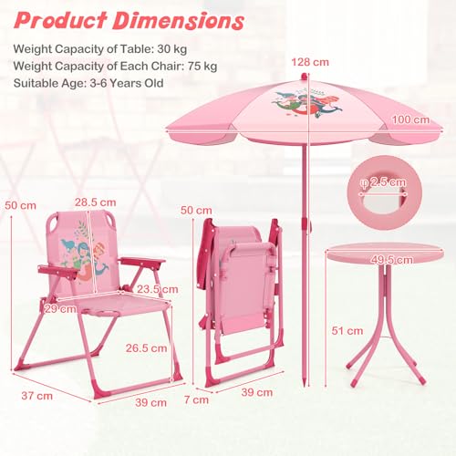 HONEY JOY Kids Picnic Table, Animal Themed Toddler Outdoor Table and Chair Set, 2 Folding Chairs & Removable Umbrella, Children Outdoor Furniture for Backyard Patio Garden (Pink Mermaid) - color: Pink Mermaid