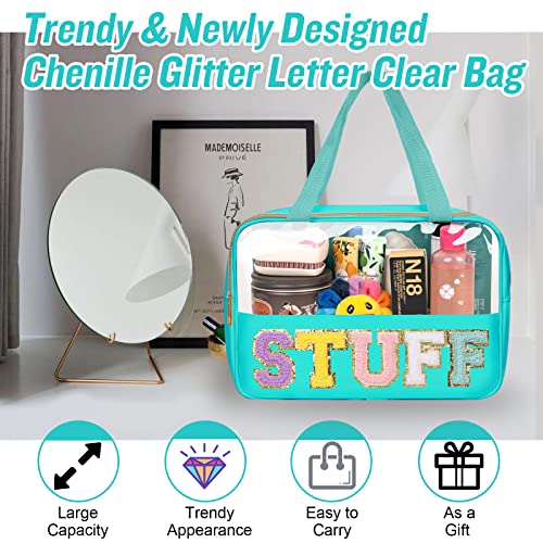 Preppy Clear Stuff Makeup Bags with Chenille Letter Patches, Travel Essentials Large Clear Make up Bag Zipper Pouch with Handle, Waterproof Nylon Cosmetic Toiletry Storage Tote for Women (STUFF-Green) - color: STUFF-Green