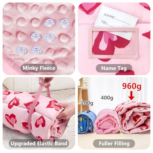 Primlect Toddler Nap Mat Extra Large Thickened 55''x35'', Soft Sleeping Bag with Detachable Minky Blanket and Pillow, Portable for Daycare, Preschool, Kindergarten, Travel, Boys and Girls - color: Pink Heart