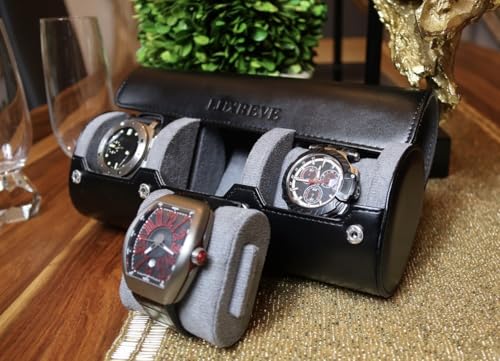 Luxury Father's Gift, Travel Watch Case 3 Slots, Bonus Pouch Included, Portable Organizer, PU Leather Watch Roll, Home Storage, Angled Easy-Removal Cushions, Scratch-Resistant Padded Velvet Lining - color: Black/Grey