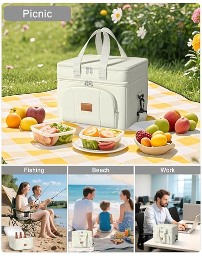 Rnivvi Lunch Box for Women, Double Decker Insulated Cooler Bag Lunch Bag Reusable Leakproof Tote Lunch Container with Strap for Work Family Picnic Hiking Camping, 18 Cans 12L, Large Adults, White - color: White