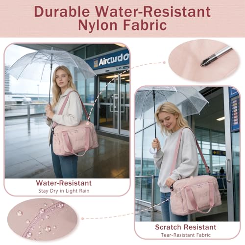 Travel Duffel Bag, 30–40L Expandable Weekender Bag with Shoe Compartment, Foldable Carry On Travel Bag with Wet Pocket and Matching Pouch - color: Pink