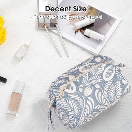 Narwey Women Makeup Bag Wide-open Make up Bag Travel Cosmetic Organizer Toiletry Bag for Cosmetics Toiletries Accessories (Blue Leaf) - color: Y-Blue Leaf