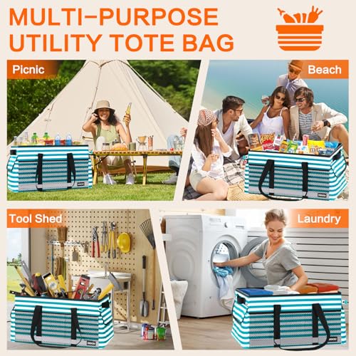 Extra Large Utility Tote Bag with Reflective Strip, Standing Reusable Grocery Bags with Hard Bottom, Collapsible Utility Tote with Handles for Shopping, Beach, Picnics, Car, Striped Green - color: Striped Green