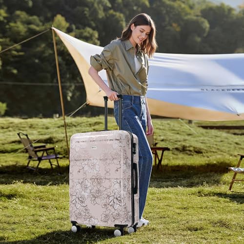 Merax Luggage Set,5 Piece Luggage with Handbag and Cosmetic Case,Harside Printing Suitcase with Wheels,Carry on Luggage Airline Approved(Pink Flower,8/14/20/24/28) - color: Pink Flower, style: 8/14/20/24/28