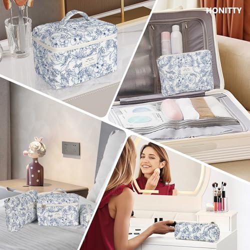 honitty Makeup Bag,Quilted Cosmetic Bags,Large Floral Make Up Organize bag,Makeup Bag Set for Women,Flower Travel Toiletry Bag - color: Blue