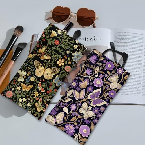 Eyeglasses Sunglasses Case PU Soft Squeeze Top Glasses Pouch for Women Men,Animal Pattern Portable Anti Scratch - color: Purple-butterflies