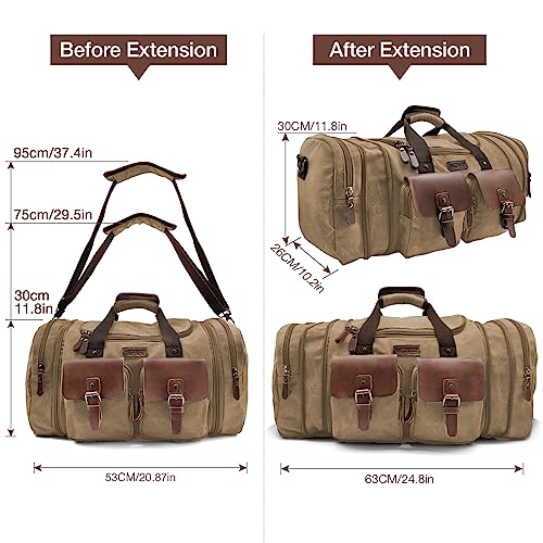 Wildroad 50L Travel Duffel Bag, Expandable Canvas Genuine Leather Duffle Bag Upgraded Overnight Weekender Carry on Bag - color: Coffee, size: Large-50L Duffle Bag