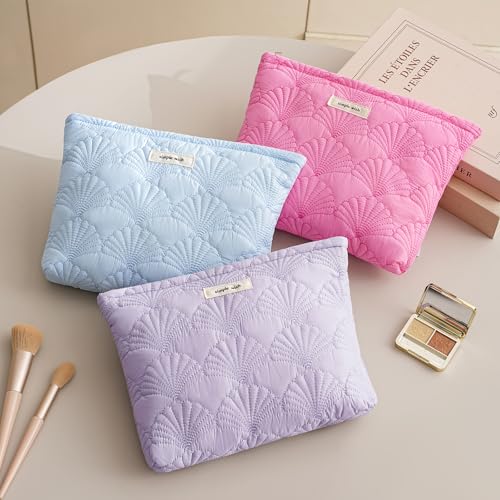 RSRSLEII Quilted Cotton Coquette Makeup bag, Coastal Granddaughter Aesthetic Cosmetic Bag, Cute Seashell Portable Travel Toiletry Pouch (11 Light Blue) - color: 11 Light Blue
