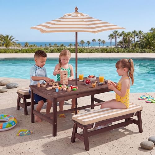 HONEY JOY Kids Picnic Table, Large 42“x 23” Tabletop, Fir Wood Toddler Outdoor Table & Bench Set w/Removable Cushions & Umbrella, Children Backyard Furniture for Patio Garden, Seats for 4 (Walnut) - color: Walnut