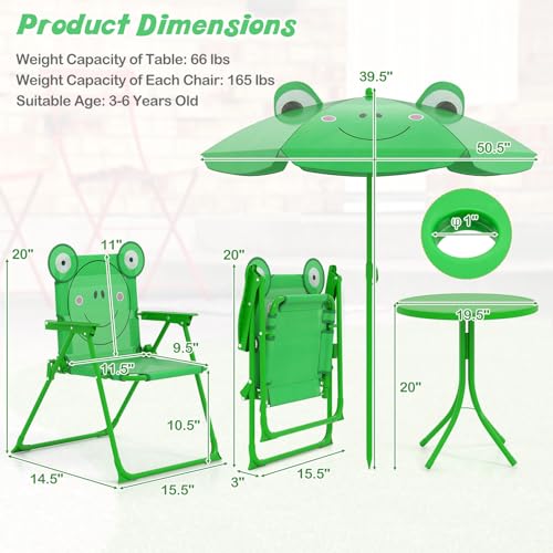 HONEY JOY Kids Picnic Table, Animal Themed Toddler Outdoor Table and Chair Set, 2 Folding Chairs & Removable Umbrella, Children Outdoor Furniture for Backyard Patio Garden (Green Frog) - color: Green Frog