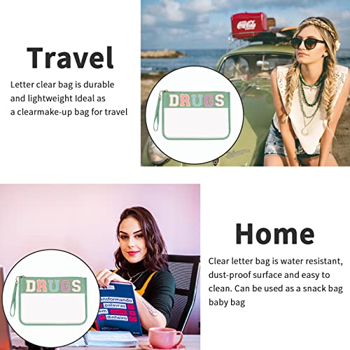Iqimott Chenille Letter Clear Bag Drugs Pouch, Monogram PVC & PU Makeup Cosmetic Bag Zipper Toiletry Pouch, Waterproof Portable Purse Travel Beach Snack Wristlet Bags for Women Girls(Drugs,Green) - color: Drugs-NewGreen