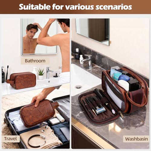 Personalized Fathers Day Presents Travel Toiletry Bag for Men, Engraved Initial PU Leather Waterproof Shaving Bag, Best Dad Birthday Gift Ideas for Dad Father New Dad Papa Elderly,A - style: A