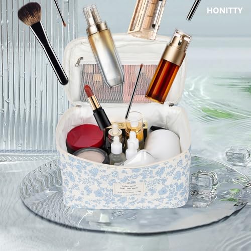 honitty Makeup Bag,Quilted Cosmetic Bags,Large Floral Make Up Bags for Women, Makeup Organize,Flower Travel Toiletry Bag - color: 1PCS-Blue-White