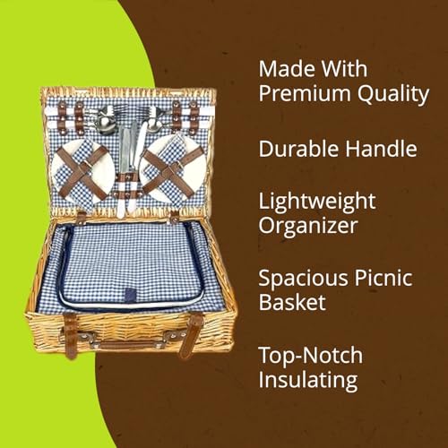 Nature Gear Picnic Basket, Wicker Basket with Handle for Outdoors, Insulated Woven Basket, Includes a Service Kit of Dinnerware & Wine Glasses, Picnic Basket Set for 4, Blue & White - color: Blue & White