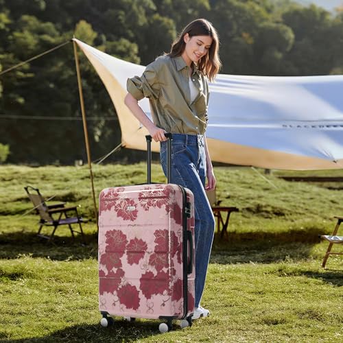 Merax Luggage Set,5 Piece Luggage with Handbag and Cosmetic Case,Harside Printing Suitcase with Wheels,Carry on Luggage Airline Approved(Purple Pink Flower,8/14/20/24/28) - color: Purple Pink Flower, style: 8/14/20/24/28
