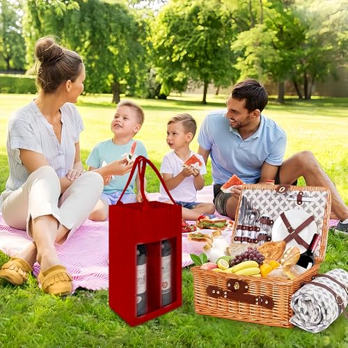 Felt 2-Compartment Wine Bottle Carrier Bag with Handle, Reusable Travel Wine Carry Bag (Red)