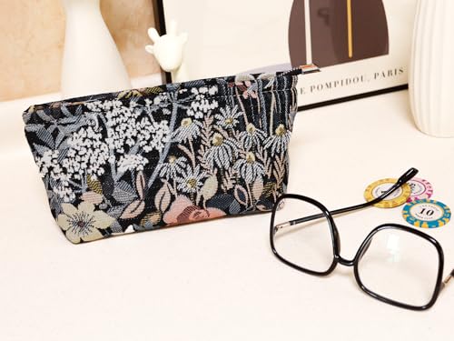 HAPPYHEIDI Cute Floral Makeup Bag Cosmetic Travel Pouch with Bottom and Zipper, Purse Make Up Organizer, Aesthetic Textured Fabric, Medium - color: Classic Black Floral Medium
