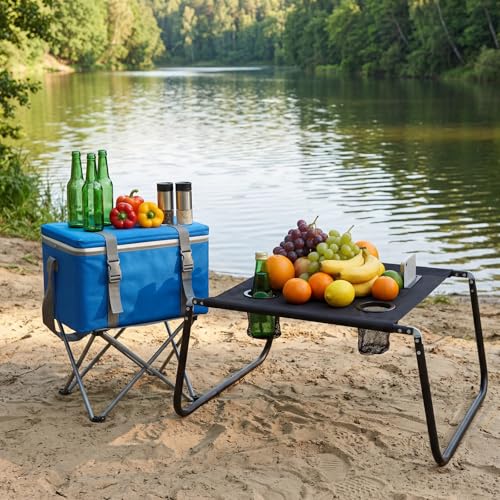 Portable Beach Table Foldable Camping Picnic Table with Cup Holder and Phone Pockets Lightweight Stable for Tailgate Travel Fishing Hiking and Outdoor Adventures(Black,Solid Pattern) - color: Black