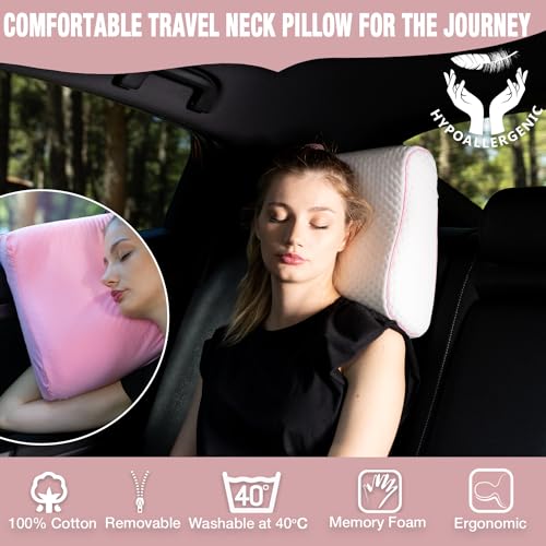 alkamto Travel & Camping Comfortable Memory Foam Pillow – Easy to Carry Portable Bag – Temperature Regulating Pillow Case (Pink Contour + Extra Cover) - size: Pink Contour Travel + Extra Cover