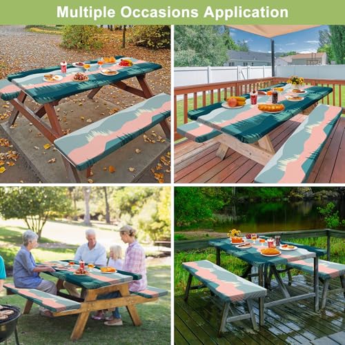 Picnic Table Cover with Bench Covers 6FT 3 Pcs Waterproof Windproof Aesthetic Camping Tablecloth with Drawstring Bag, Fitted for 6 Foot Rectangle Tables and Seats, 72 inch, Pink Green Mountains - color: Pink Green Mountains
