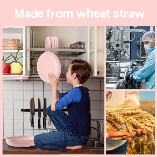 Teivio 32-Piece Kitchen Plastic Wheat Straw Dinnerware Set, Service for 8, Dinner Plates, Dessert Plate, Cereal Bowls, Cups, Unbreakable Colorful Plastic Outdoor Camping Dishes, Pink - color: Pink