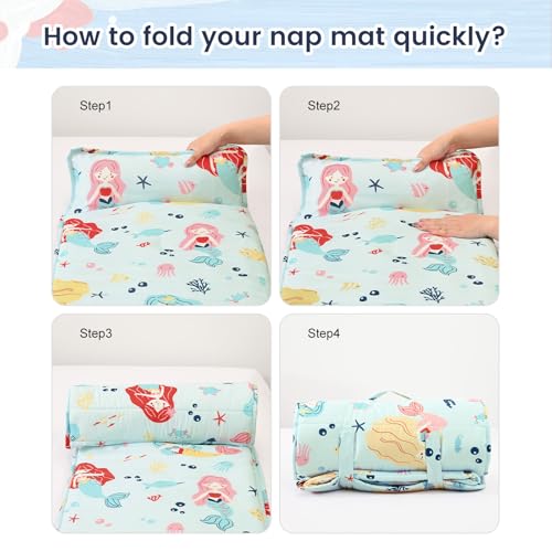 PHF Soft Toddler Nap Mat with Removable Pillow, Rollup Design Kids Sleeping Mat, Slumber Bags for Girls, 50"x20" Toddler Sleeping Bag for Daycare Preschool Travel Camping, Cute Mermaid - color: Cute Mermaid