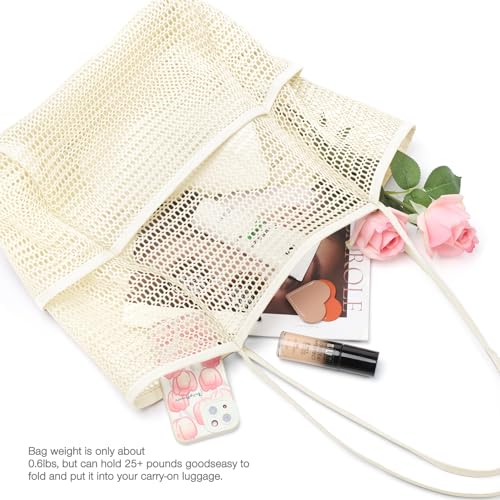 KPX Beach Bag with Mini Pocket, Summer Beach Tote Bags for Women Large Foldable Mesh Swimming Pool Travel Bags - Sandproof - color: Beige