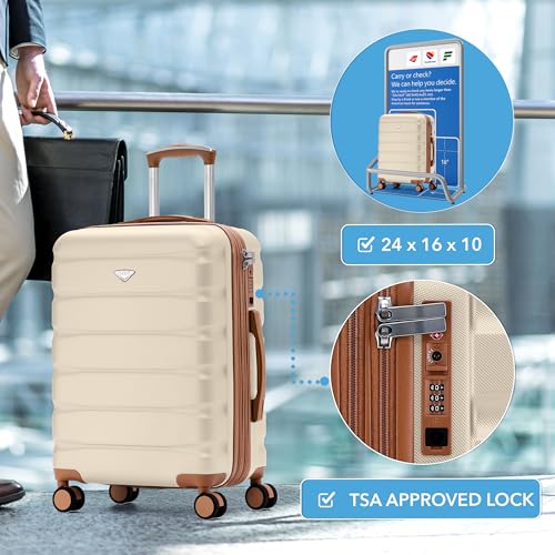 Flight Knight 24x16x10 Expandable Carry On Suitcase Hardside TSA Lock USB C Lightweight Luggage Silent Double Spinner Wheels Maximum Overhead Carry-On Bag For Virgin South West Approved Cream/Tan - color: Cream/Tan, size: 24x16x10"