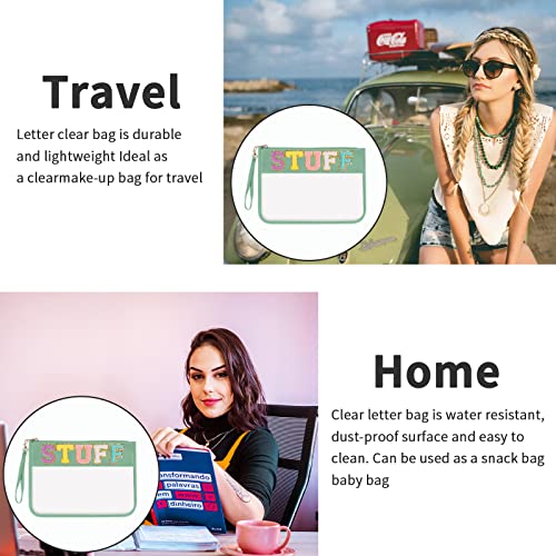 Iqimott Chenille Letter Clear Bag Stuff Pouch, Monogram PVC & PU Makeup Cosmetic Bag Zipper Toiletry Pouch, Waterproof Portable Travel Beach Snack Wristlet Bags for Women Girls(Stuff, Green) - color: Stuff-Green