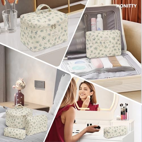 honitty Makeup Bag,Quilted Cosmetic Bags,Large Floral Make Up Organize bag,Makeup Bag Set for Women,Flower Travel Toiletry Bag - color: Blue flower