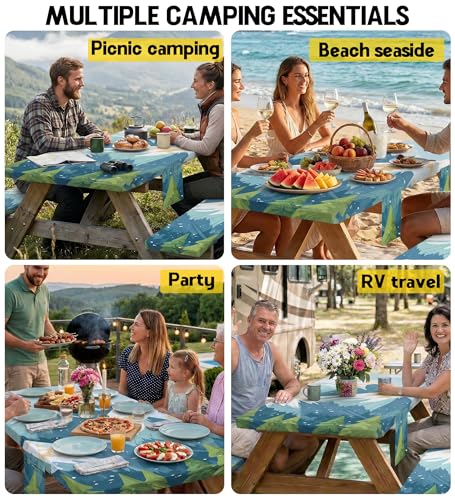 Picnic Table Cover with Bench Covers Waterproof Vinyl Elastic Rectangle Fitted Table Cloth Camping Lovers Essentials Rv Car Travel Overlanding Outdoor Roadtrip Road Trip Men Women Camper Gifts 6 Foot - color: Blue mountains, size: 72in