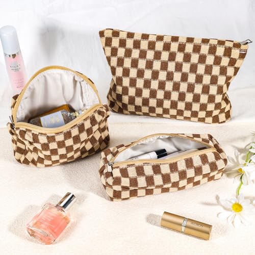ZLFSRQ 3Pcs Checkered Makeup Bag for Women Large Small Checkered Cosmetic Bag Set Aesthetic Preppy Pencil Case Cute Pencil Pouch Brown Makeup Pouch for Purse Travel Toiletry Bags Zipper Skincare Bags - color: B-Checkered 3Pcs Mix Brown