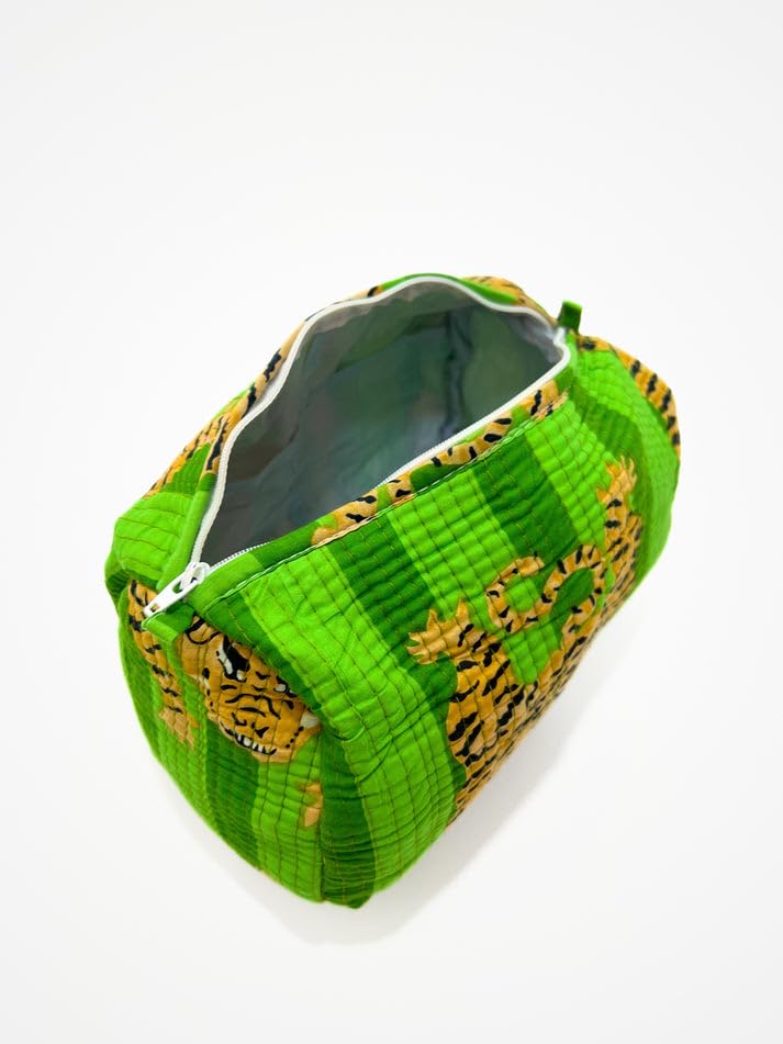 YILLE Set of 3 Pieces Block Printed Travel Organizer Kit Storage Bag for Women Makeup Bag Travel Cosmetic Bag (Green Fat tiger) - color: Green Fat tiger
