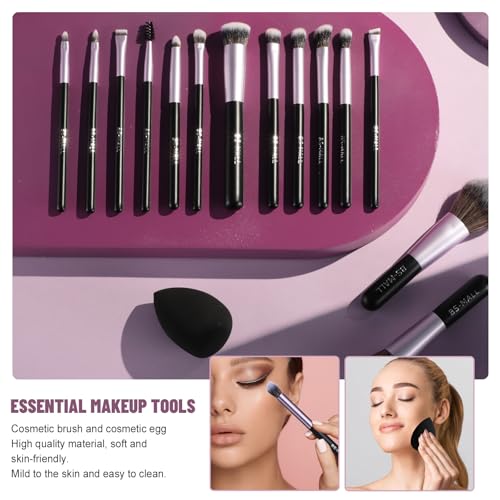 BS-MALL 14 Pcs Makeup Brushes Set with 1 Pcs Makeup Sponge – Essential Foundation Powder Concealers, Eye Shadows, Blush Makeup Brushes with Travel Makeup Case (Purple) - color: Purple