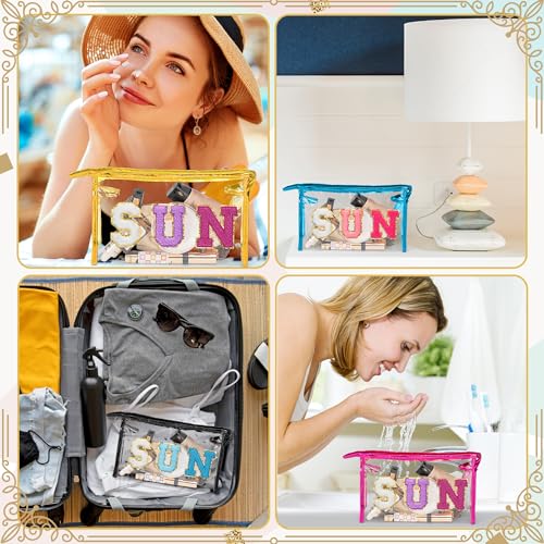 Y1tvei Clear SUN Makeup Bag - Preppy Purple SUN Chenille Varsity Letter Cosmetic Bag PVC Transparent Zipper Waterproof Beach Makeup Carry Pouch Portable Travel Toiletry Organizer for Women(Blue) - color: Purple SUN Blue