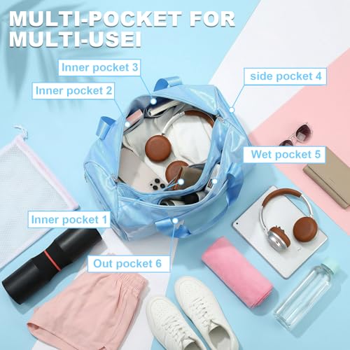 Gym Bag Sports Duffle Bag with Wet Pocket Weekender Overnight Bags with Waterproof Shoe Pouch and Air Hole for Girls Kids Women Workout Travel Bags (Blue) - color: Blue