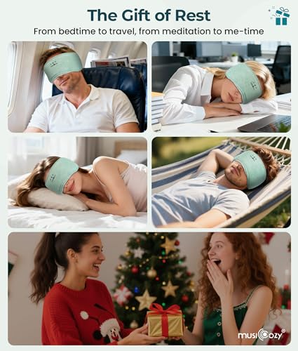 MUSICOZY Bluetooth 5.4 Sleep Headphones Eye Mask with Seaweed Fiber Cotton, Ultra Soft Fully Wrapped Sleep Mask with Headphones for Side Sleepers, 14 Hours Playtime, Gifts for Men Women - color: Light Green