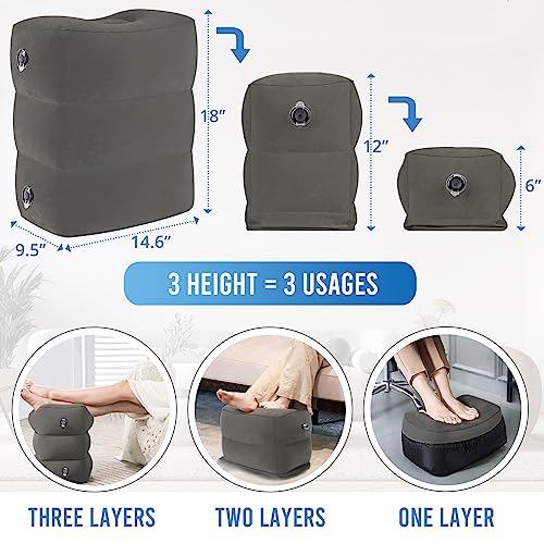 Inflatable Airplane Foot Rest Pillow - Travel Foot Rest for Long Flights, Car Seat Foot Rest for Kids Airplane Seat Extender Bed for Toddler, Blow up Plane Footrest with Easy-Carry Strap, Gray 2 Pack