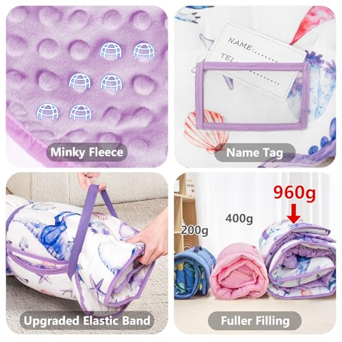 Primlect Toddler Nap Mat Extra Large Thickened 55''x35'', Soft Sleeping Bag with Detachable Minky Blanket and Pillow, Portable for Daycare, Preschool, Kindergarten, Travel, Boys and Girls - color: Purple Dinosaur