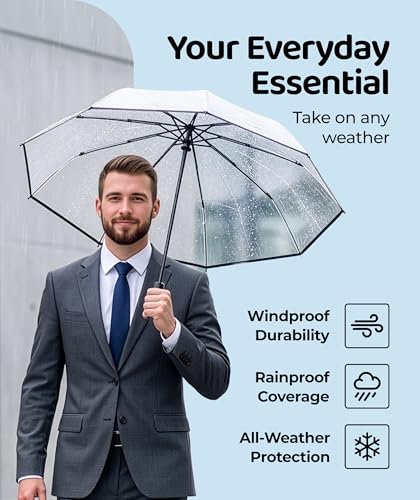 Repel Windproof Travel Umbrella - Compact & Withstands Winds up to 100MPH , Strongest Premium Auto Folding Umbrella for Rain and Sun - Durable, Light & Portable for Women & Men , Fits Backpack & Cars - color: Clear Top - Travel Umbrella (1 Pack)