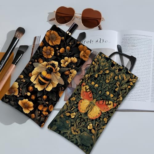Eyeglasses Sunglasses Case PU Soft Squeeze Top Glasses Pouch for Women Men,Animal Pattern Portable Anti Scratch - color: Brown-butterfly01