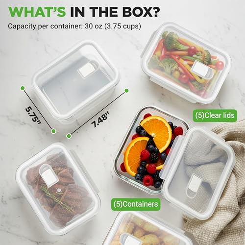 NutriChef 10-Piece Superior Glass Food Storage Containers Set (5 Containers + 5 Locking Lids),Stackable Meal-prep Design, BPA-free Airtight Clear Locking lids with Vent Lids & Air Hole, NCCLX5 - color: Transparent