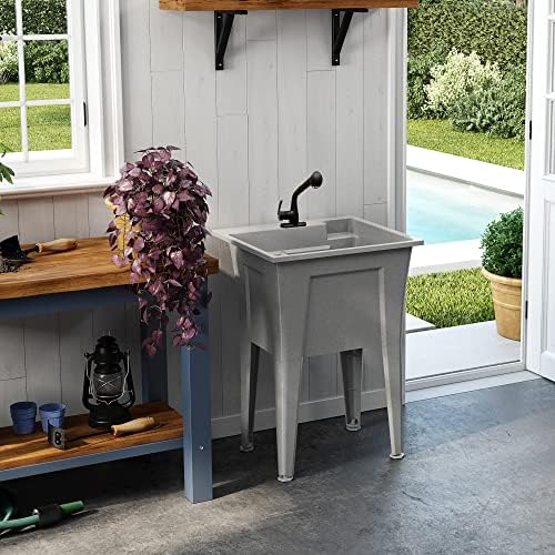 Freestanding Utility Sink with Two Handle Chrome Faucet - 24" Plastic Utility Sink for Garage, Laundry, Indoor and Oudoor Use - Laundry Tub Kit by Noah William Home - Grey (19.5 gal) - color: Grey - Two handle chrome faucet