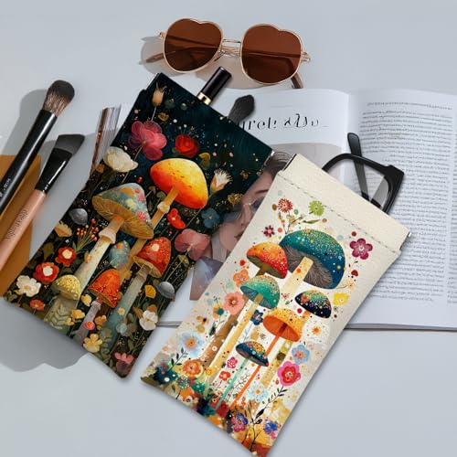 Eyeglasses Sunglasses Case PU Soft Squeeze Top Glasses Pouch for Women Student,Floral Pattern Portable Anti Scratch - color: Brown-mushrooms06