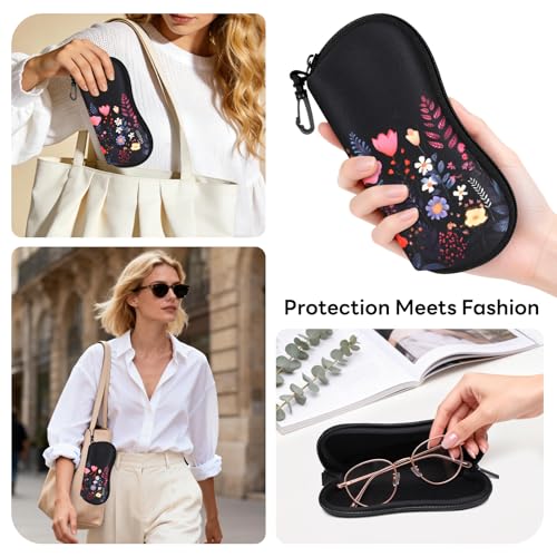 Sunglasses Case with Belt Clip, Ultra Light Neoprene Zipper Soft Padded Glasses Case for Women Men - color: Night Flower