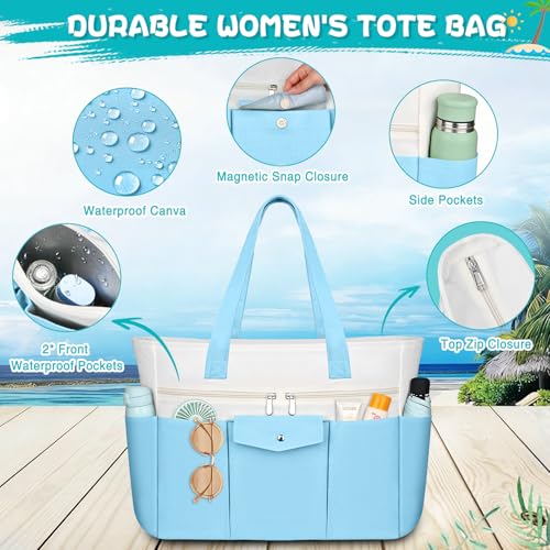 Beach Bags for Women Large Canvas Beach Tote with Zipper Wet Pocket, Waterproof Foldable Swim Pool Travel Tote Bags - color: Light Blue