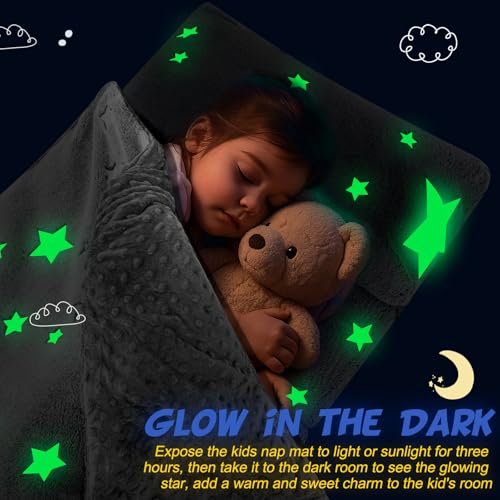 Preschool Nap Mat with Pillow and Blanket, 21" x 50" Glow Sleeping Bag Toddler Nap Mat for Daycare Kids, 2" Thick All in one Foldable Floor Mattress for Girl Boys - style: Star Pattern