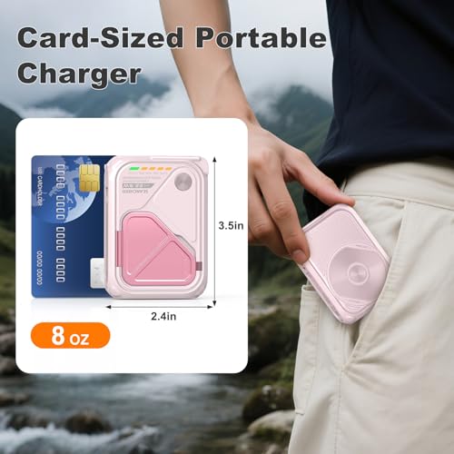 P05 Portable Charger, Magnetic Power Bank, Small Wireless PowerBank,Emergency Battery Pack 10000mAh Travel Essentials Fast Charging with Built in Cable, Wall Plug for iPhone,Samsung,Andriod (Pink) - color: Pink